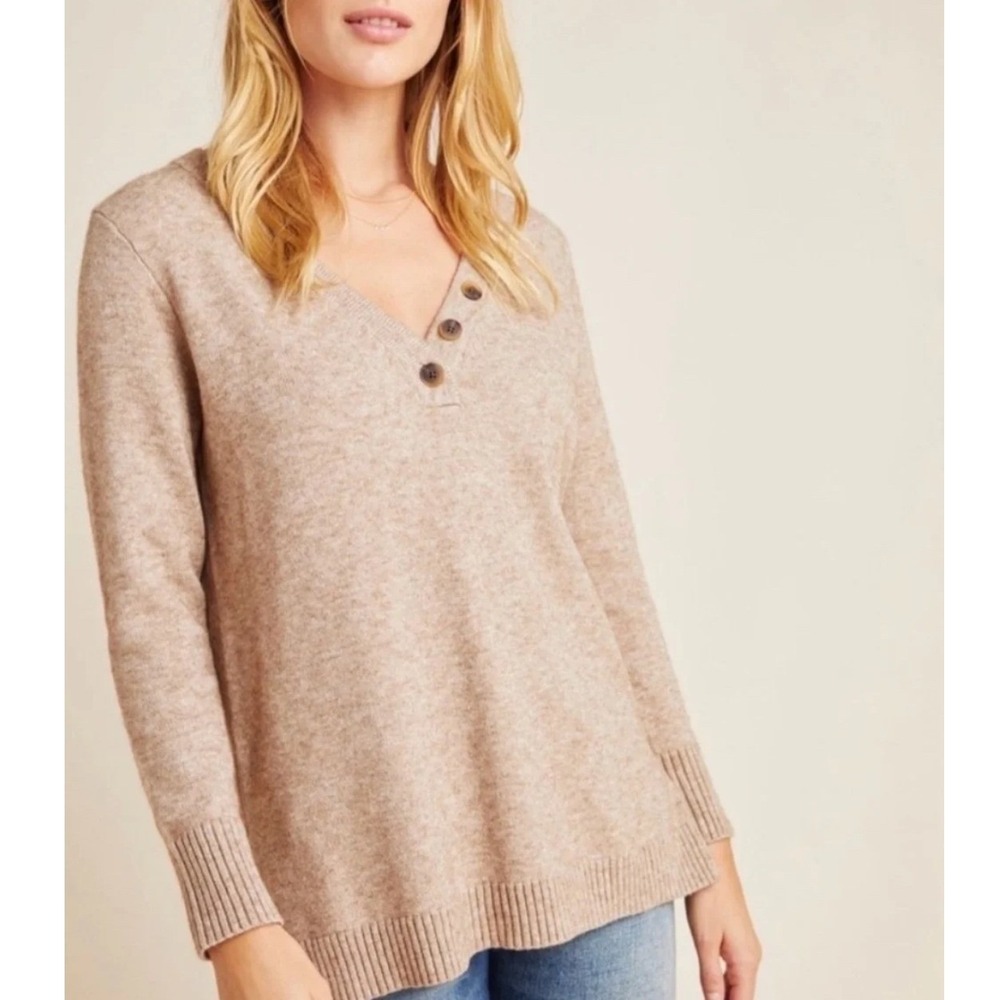 Anthropologie Serena Womens Taupe Heather V-Neck Long Sleeve Knit Sweater Size M